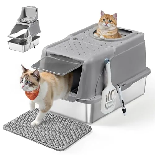 Feandrea Arena Gato, Inoxidable para Gatos con Tapa Abatible, Gris Paloma