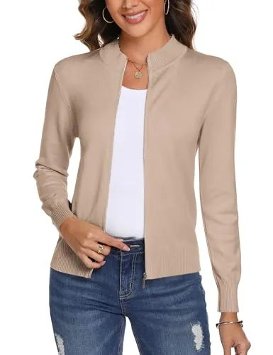 Aottori Cárdigan de Punto con Cremallera para Mujer Chaqueta de Punto Sueter Manga Larga Abrigo Suéter Rebeca Chaqueta de Jerseis Caqui Claro S