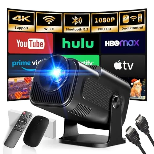 [App Integrada] 2026 Upgraded Proyector Portátil 1920x1080P 4K Supote Videoproyector Dual Control WiFi 6 BT5.2 180° Rotation Compatible con HDMI/TV Stick/USB/Laptop, Negro