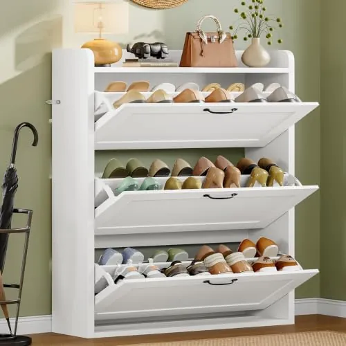 TEENFON Mueble Zapatero Recibidor Estrecho – 80 cm de Ancho, Armario Zapatero con 3 Solapas y Estantes Ajustables, para 18–24 Pares de Zapatos, Apto para Pasillo, Recibidor, Dormitorio, Blanco