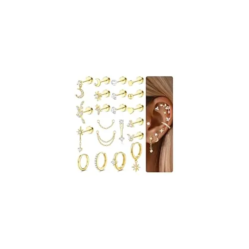 CASSIECA 21Pcs Pendientes Mujer Piercing Helix Acero Quirurgico Pendientes Dorados Pendiente Aro Oro 14K Hipoalergenicos Piercing Oreja Tragus Cartílago Conch para Múltiples Piercings Mujer Hombre