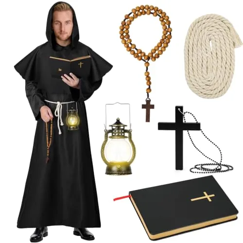 Lubolee Disfraz de Monje para Hombre con Cadena con Cruz, Rosario, Cinturón y Librito de la Biblia para Carnaval, Halloween, Cosplay y Representaciones Teatrales. (2XL)