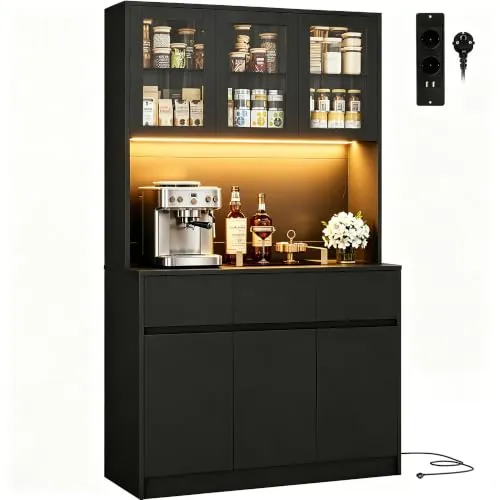 Wumagin Alacena de Cocina, Armario Despensa Cocina con regleta y Tira de Luces LED, Aparador Comedor con Estantes Regulables (Negro)