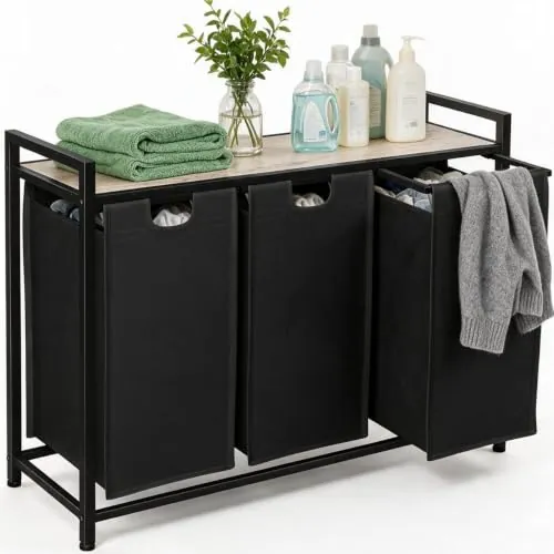 AMHANCIBLE Cesto Ropa Sucia 3 Compartimentos con Estante, 3 x 38 L | Cesto Ropa Sucia, 3 Bolsas Oxford Reforzadas, Metal Resistente, Para Baño o Lavadero, 92 x 33 x 72 cm, Gris, EHLS03GY