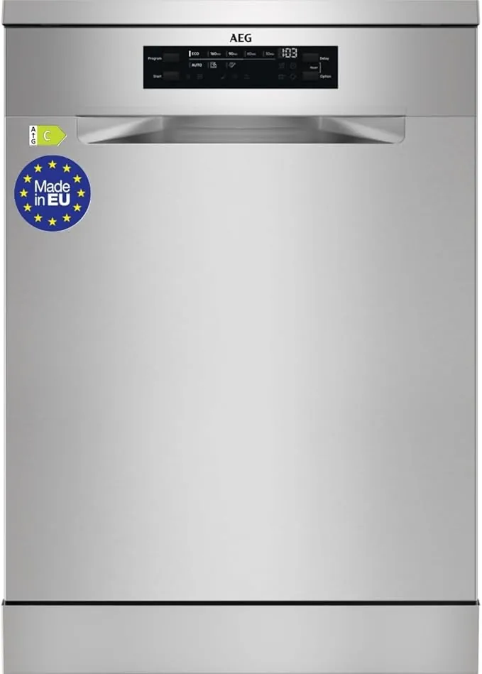 AEG FFB74917ZM Lavavajillas de 60 cm, 14 Cubiertos, Sistema AirDry, Display XL, Con 3ª Bandeja para Cubiertos MaxiFlex, Función Extrahigiene, Softspikes, 44 dB(A), Inox, Clase C, Fabricado en UE