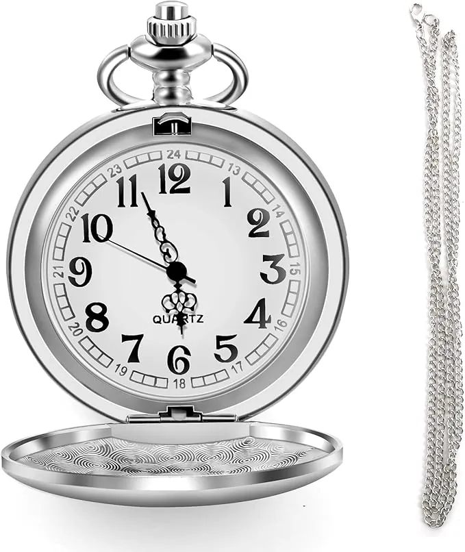 Reloj de Bolsillo Vintage de Cuarzo con Cadena de Acero Inoxidable, Elegante y clásico para Hombres y Mujeres, Ideal para cumpleaños y Fiestas, Plata