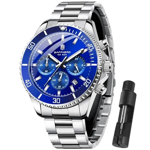 SAPPHERO Reloj Hombre Cronografo Analógico Movimiento de Cuarzo 50M Impermeable Relojes para Hombre Banda de Acero Inoxidable Clásico Casual Diseñador Relojes Elegante Regalo para Hombre