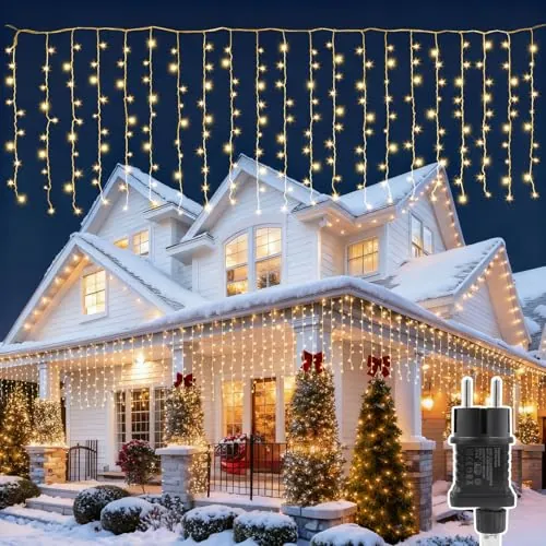 AdalyRoma cortina luces navidad exterior 4x1m, 8 Modos Y Temporizador 200 LED Luz De Cadena Cable Transparente Luz Blanco Cálido Para Interior Y Exterior Cortinas Bodas Navidad Fiestas Y Jardines