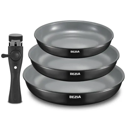 BEZIA Juego de Sartenes Antiadherentes con Mango Extraíble (20+24+28cm) | Sin PFAS, Compatible Inducción/Gas/Vitro, Apto horno 240°C, Apilables para Autocaravana y Cocina, 40% más Ligeras que Inox