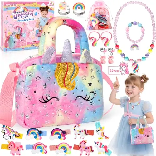 Bolso Unicornio Niña Y Joyería, 20 Piezas Unicornios para Niñas con Collar De Unicornio, Pulsera, Pendientes, Anillo,Horquillas, Bolso Niñas, Regalo De Joyería Bolsos Niña 3 Años 4 5 6 7 Cumpleaños