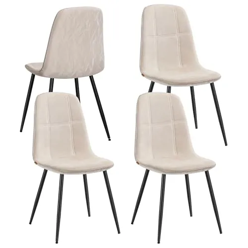 VASAGLE Sillas de Comedor, Juego de 4, Soporte de Metal, Pies Ajustables, Fácil Limpieza, Sillas de Cocina, Tejido de Chenilla, PU con Textura Brillante, Blanco Crema KDC188W01