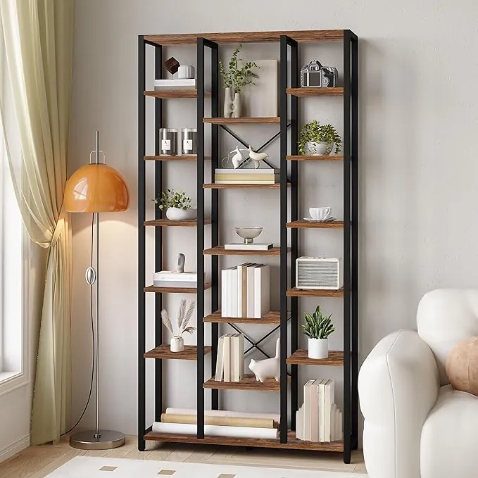 Hzuaneri Librería con 18 Estantes, Estanteria Libros, para Sala de Estar, Estudio, Oficina, 30 x 100 x 200 cm, Marrón Rústico y Negro BC15601B