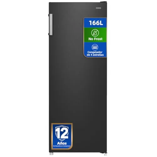 CHiQ Congelador Vertical 166L con No Frost & 4 Estrellas Negro | 3 Cajones, 2 Tapas, Multi Airflow, 144cm H, Iluminación LED, Puerta Reversible, Ahorro de Espacio, FSD166NE4E