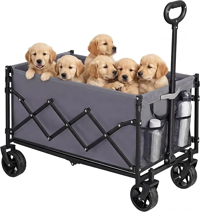 SONGMICS Carro de Mano Plegable, Carreta, Carrito de Jardín, Compacto y Pequeño, con Asa, con 4 Ruedas Reforzadas, 2 Universales, Carga hasta 150 kg, 150 L, Exterior, Gris Pizarra GFW150GD01