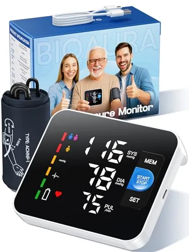 Tensiómetro de Brazo Digital, Pantalla Digital LED Medidor Tension Arterial, Blood PresSure Monitor, Se Pueden Registrar 3 x 199 Datos de Usuario, Con Brazalete 22-42cm, Cable de Carga de Tipo-C