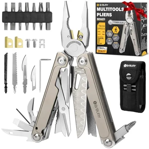 BIBURY Multiherramienta Titanio y Acero Damasco - Alicates Multiusos con Navaja Supervivencia, Tijeras, Sierra Intercambiable y Puntas - EDC Multitool para Camping, Reparar y Regalo Hombre BI2049TI
