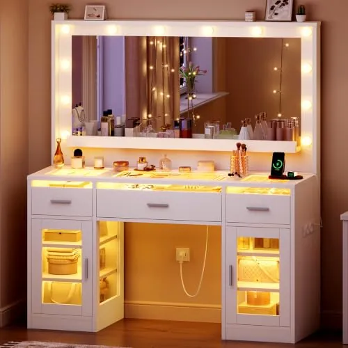 TEEENFON Tocador de Maquillaje con Espejo LED Y Luces RGB, Encimera de Cristal, Intensidad Regolable, 3 Cajones, 2 Puertas, Enchufes, Tocador de Maquillaje Moderno para Dormitorio, Blanco