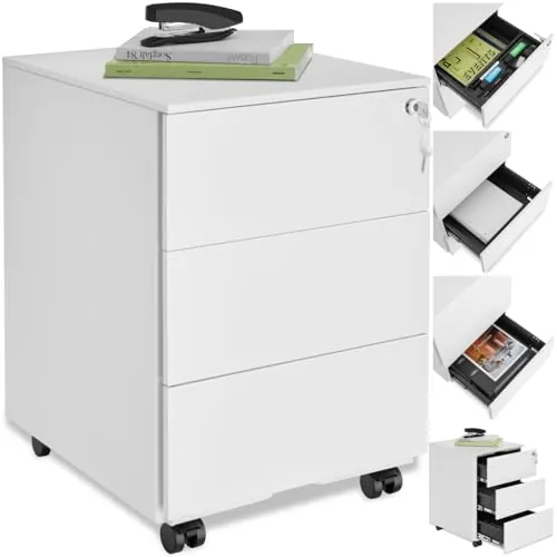 tectake® Robusta Cajonera Escritorio, Acero con Recubrimiento en Polvo, Tres Cajones DIN A4, Cajonera Oficina, Cierre Centralizado, Cajoneras con Ruedas Giratorias - 55x45x39cm Blanco