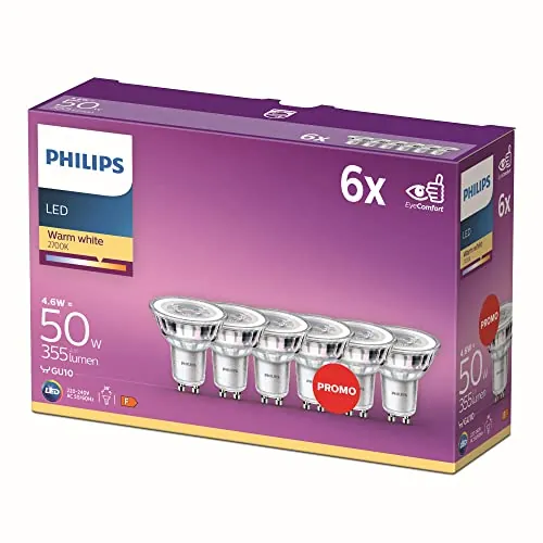 Philips - Bombilla LED cristal 50W, GU10, luz blanca cálida, transparente, no regulable, pack 6 [Clase de eficiencia energética F]