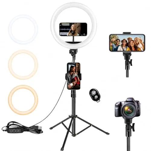 RUKK Aro de Luz con Trípode Extensible 160cm - Anillo de Luz LED 10” para Móvil (3 Modos, 10 Brillos) con Control Remoto Bluetooth - Ring Light Profesional para TikTok, Maquillaje y Youtube
