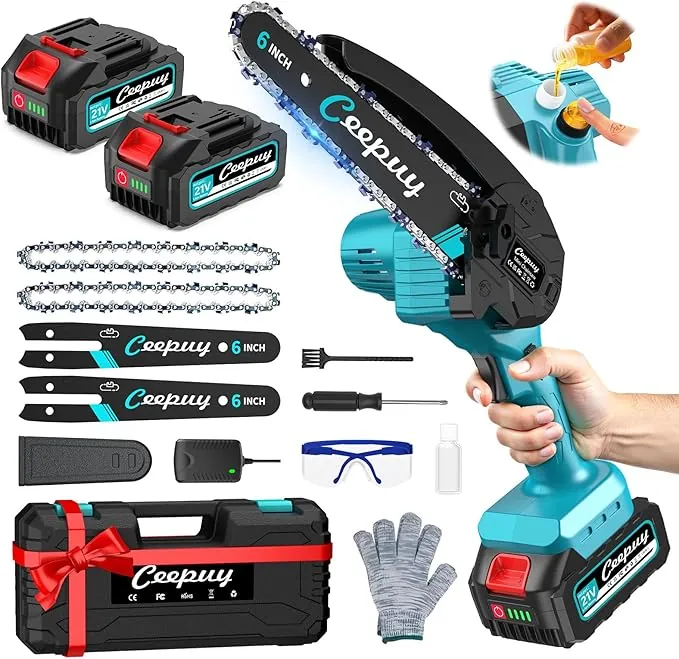 Mini Motosierra Batería 6 Pulgadas 2×4000mAh, Sierra Eléctrica Inalámbrica con Depósito de Aceite, Portátil para Podar Jardinería y Árboles