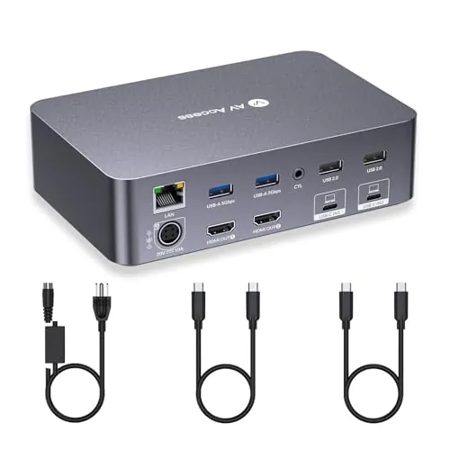 AV Access KVM Switch Dock 2 Monitores 2 Portátiles, 4K KVM Switch Doble Monitor, 2 Puertos USB‑C MST, 60W PD para Cada PC, 1G Ethernet, Emulación EDID, 2K@144Hz, 1080P@240Hz, iDock C20