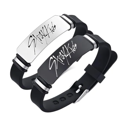 IBXWMNG 2 pcs Merch de Stray Kids para niños, Pulseras de Silicona y Acero Inoxydable para Regalos, Ajustable, Pulseras de Silicona, Accesorios Kpop para STAY, Regalo Creativo de Cumpleaños para Fans