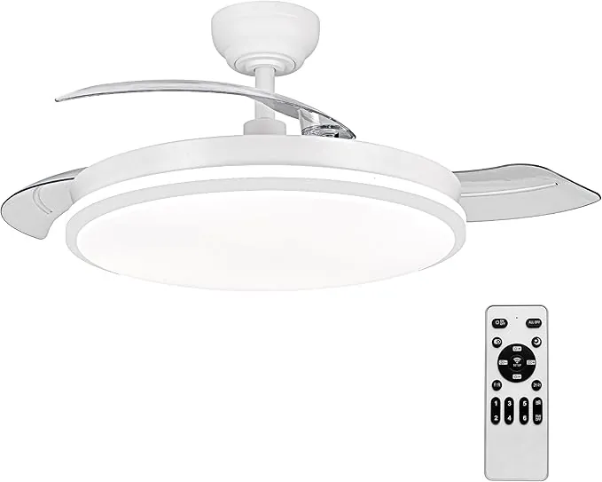 Ventilador de techo con luz con mando 3 aspas, Motor DC 30W+42W Luz LED,temporizador, 6 velocidades, aspas retráctiles, 3 temperaturas de luz, función verano-invierno Silencioso (Blanco puro, 50CM)