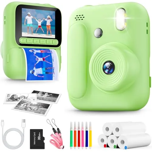 Cámara de Fotos Instantáneas para Niños,Camara Instantánea de 1080P con 5 Rollos de Papel de Impresión,Tarjeta de 32GB y Bolígrafos de Colores,Cámara Digital Portátil para Niños de 3-14 Años (Verde)