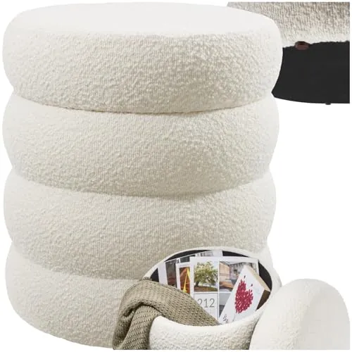 tectake® Taburete Almacenaje Bouclé, Carga: 120 kg, MDF, Puff Almacenaje, Taburete Dormitorio, Reposapies Puff, Zapatero Entrada Recibidor, Asiento Acolchado, Ideal Salón Hogar - 42 x 47 cm Crema