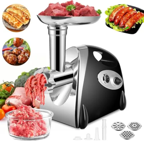 SINZUX Picadora de Carne y Salchichera Eléctrica, 2800 W Enchufe para Picar Carne y Salchichas, Gira Hacia Adelante y Hacia Atrás, con 3 Placas de Corte Diferentes (Negro)