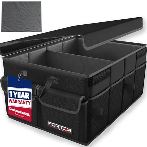 FORTEM Organizador Maletero Coche - Caja Maletero Coche Plegable con Base Antideslizante y Correas Ajustables - Bolsa Organizador con Compartimentos y Tapa con Tela Oxford 600D - Accesorios Coche 45L
