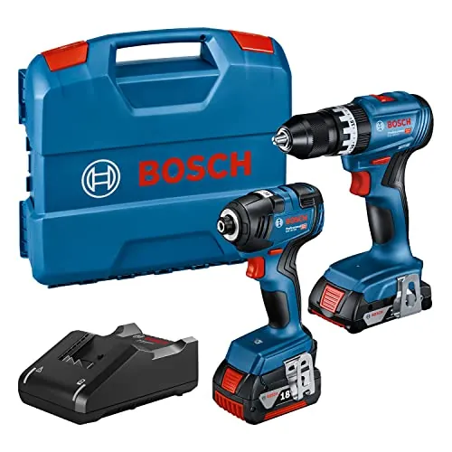 Bosch Professional 18V System Combo Kit: atornillador de impacto GDR 18V-200 + taladro con percusión GSB 18V-45 (incl. bat. 2.0Ah, bat. 4.0Ah, cargador GAL 18V-40, L-Case) - Set exclusivo de Amazon