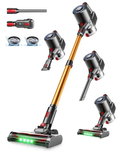 Aspiradora Sin Cable 40KPa/55 Min,Escoba Aspiradora Sin Cable (Oro) | 500W Motor Sin Escobillas,Aspiradora Vertical con HEPA H12,Luz Verde LED,Autoportante,para Mascotas,Alfombras y Suelos