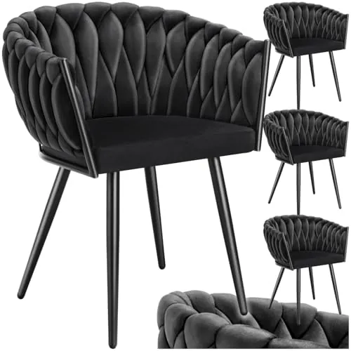 tectake® Juego De Sillas de Comedor, Silla Acolchada con Reposabrazos, Diseño Anudado, Estructura de Acero, Cocina, Sillas Comedor Nordica - 4 Sillas Negro