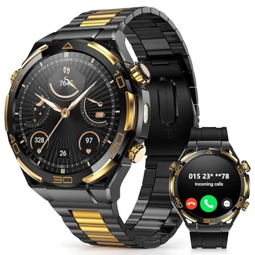 IOWODO Reloj Inteligente Hombre Lujo, Smartwatch 1.43" AMOLED con GPS y Llamadas Bluetooth, Chapado 14K, Linterna y Brújula, 20 Días Batería, Monitor Salud, 327 Esferas,100+ Deportes, IP68, 2 Correas