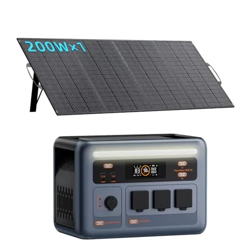 PowerMax 1800SE Estación de Energía Portátil 1800W con 1 Panel 200W, 1024Wh Batería LiFePO4, 3x Tomas AC, 0-80% in 45min, Power Station para Camping/Caravana/Emergencias