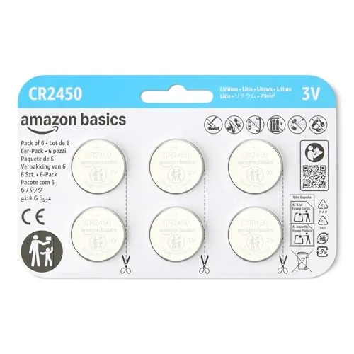 Amazon Basics Paquete de 6 Pilas de Litio CR2450, 3 voltios, Larga duración, sin Mercurio, Paquete Seguro para Niños (USA Tijeras para Abrirlo)