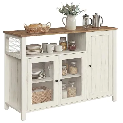 VASAGLE Aparador, Armario de Cocina, Armario de Almacenaje, con 3 Puertas, para Salón, Cocina, Comedor, 33 x 110 x 75 cm, Estilo Casa de Campo, Marrón Miel y Blanco Rústico LSC096WJ02