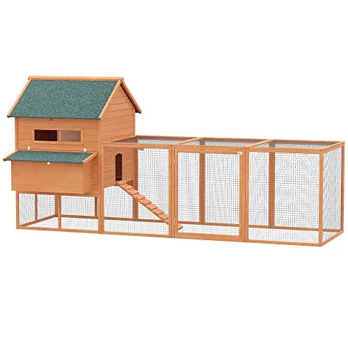 PawHut Gallinero de Exterior de Madera Jaula Grande para 8-10 Gallinas con 2 Nidos Techo Asfáltico Bandeja Extraíble y Rampa 347x160x150 cm Madera Natural
