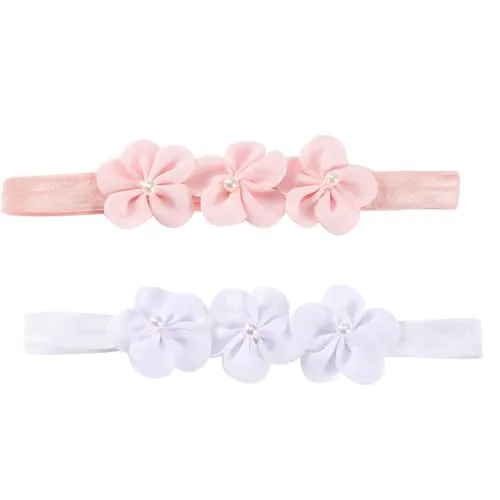 2 Pcs Diadema de Flores, Recién Nacida, Bebe, Lindo Lazo para el Cabello, Cinta de Tela Colorida, del Bebé del Bowknot de la Cinta del Grosgrain Stretch para los Niños Pequeños (Blanco/Rosa)