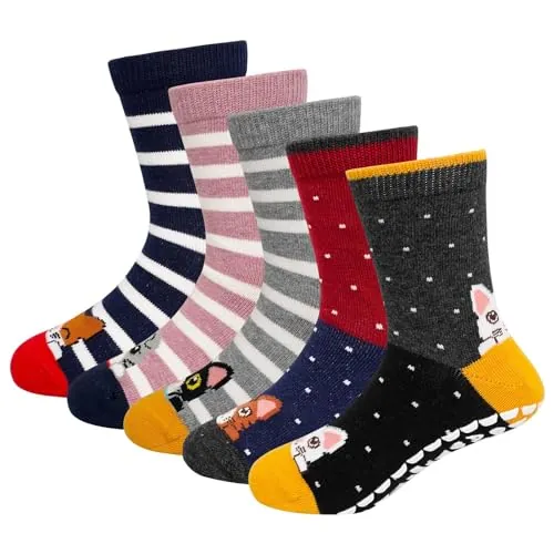 ZFSOCK Calcetines Antideslizantes Niña Divertidos: Algodón Coloridos Estampado de Animales de Dibujos Animados Conejo Oveja Gato Zorro Termicos Calcetines Bebe Niño 11-14 Años 5 Pares 35-38