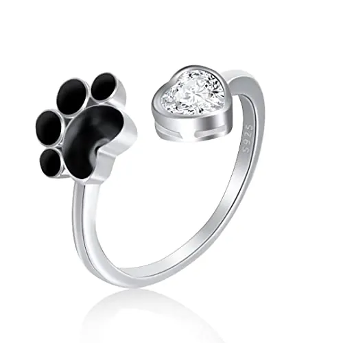 Qings Anillos de Huella de Perro y Gato Mujer Anillo Ajustable de Huellas de Mascota Plata de Ley 925 Anillas Corazón con Zirconia Cúbica CZ, Anilla Animal Apertura, JoyerÍA Regalo para Niñas
