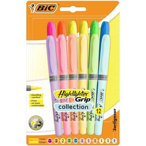 BIC Highlighter Grip Subrayadores de Punta Biselada Regulable - Colores en Tonos Intensos y Pastel, Surtido, Pack de 12