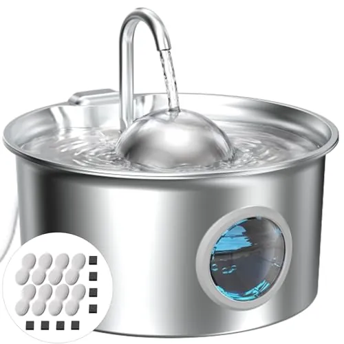 Fuente Gatos Acero Inoxidable: Fuente de Agua para Gatos Bebedero para Gato | 2.6L Fuentes para Gato Inox - Dispensador Agua Perro Ultra Silencioso - Fácil de Limpiar - con 8 Filtros + 8 Esponjas