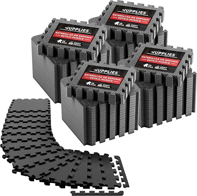 JUPPLIES - Suelo Gimnasio Set 72 Piezas 30x30x1cm - Esterilla Puzzle Fitness de Goma para Suelo - Alfombra Protectora para Gimnasio en Casa - Tatami en Puzzle