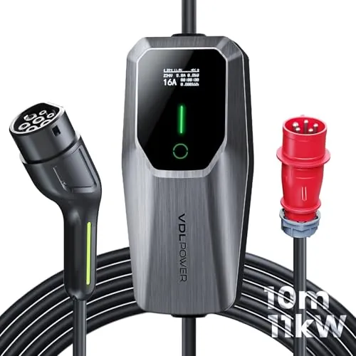 VDLPOWEREU Cargador de Coche Eléctrico 11kW Trifásico Tipo 2 CEE Socket (5 Pin) EV Cargador Wallbox Estación de Carga Móvil Ajustable 6-16A 10 Meter, Cable de Carga Compatible con EV PHEV