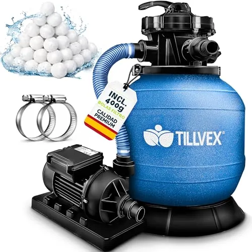 tillvex Depuradora de Agua para Piscina 7.900L/h + 400g Bolas de Filtro | 7 Funciones de Filtrado & Adaptador Ø32-38mm | Filtro de piscina con indicador de presión (Azul)