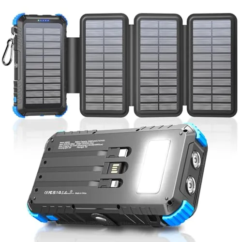 Power Bank Solar de 20000mAh con 4 Paneles Solares y 3 Cables