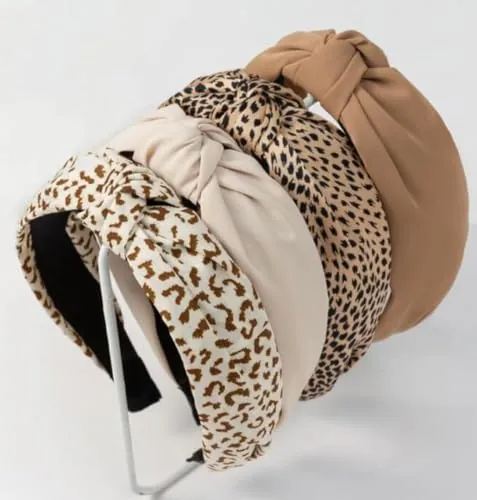 Kotkiddy 4 piezas de diademas para mujer, antideslizantes, de moda, diademas para el cabello de mujer, lindo diadema para el cabello de mujer, nudo ancho, diadema de leopardo